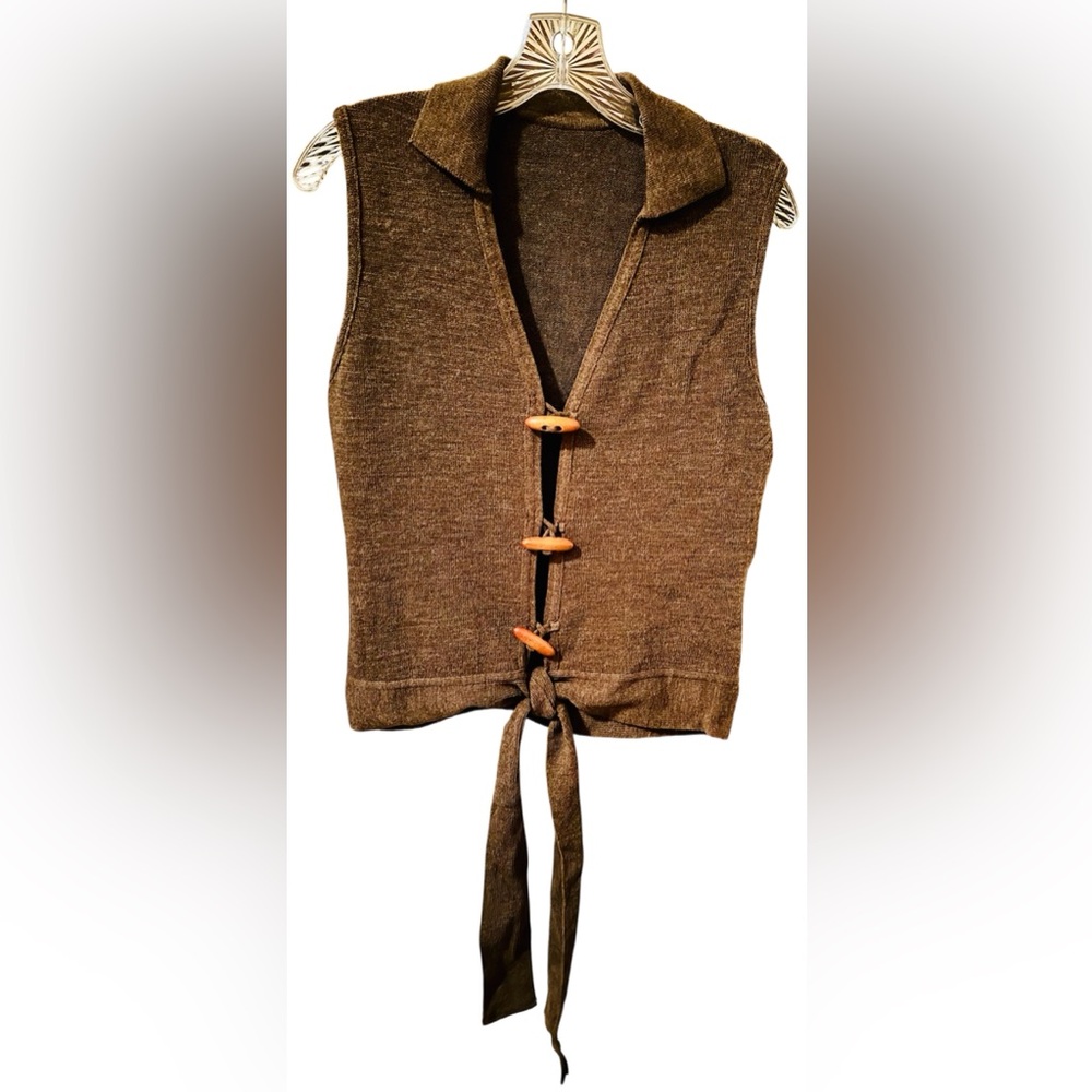 Boho Marled Knit Sweater Vest Wooden Toggle Button Collared Front Tie Top Brown